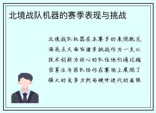 北境战队机器的赛季表现与挑战
