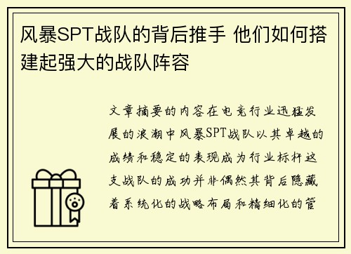 风暴SPT战队的背后推手 他们如何搭建起强大的战队阵容