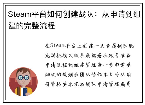 Steam平台如何创建战队：从申请到组建的完整流程